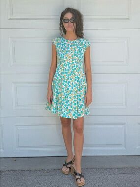 Turquoise Blue Fit & Flare Dress Floral Cap-Sleeve Mini Dress Light Cotton Blend